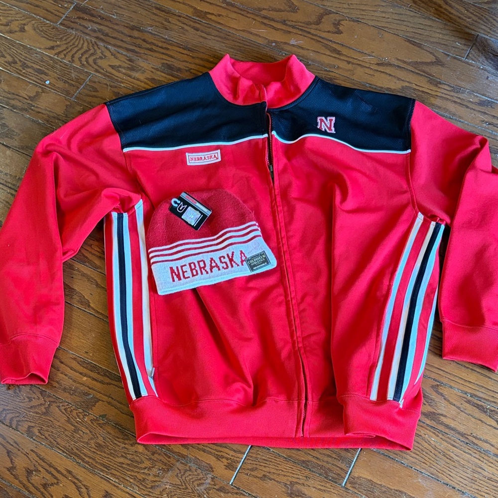 NCAA Red and Black Nebraska Track Bomber Jacket with Knit Beanie
